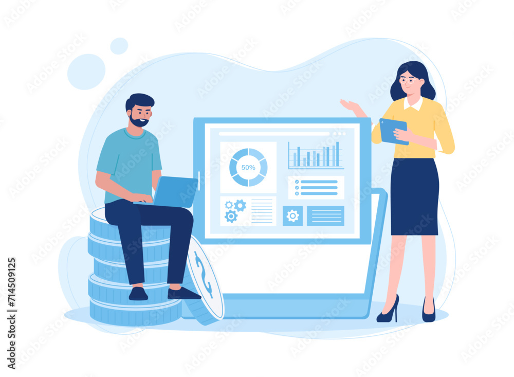 man and woman present jobs in front of the room about the growth of the company concept flat illustration man and woman present jobs in front of the room about the growth of the company concept flat illustration