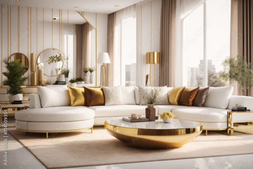 Interior home design of modern living room with white sofa and gold furniture in luxury room Interior home design of modern living room with white sofa and gold furniture in luxury room