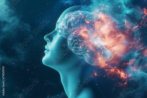 Conceptual illustration of a human head with brain activity and cosmos