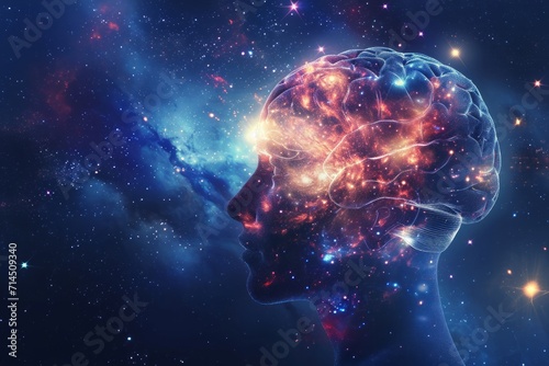 Conceptual illustration of a human head with brain activity and cosmos