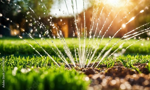 Un arroseur automatique qui arrose la pelouse d'un jardin. photo