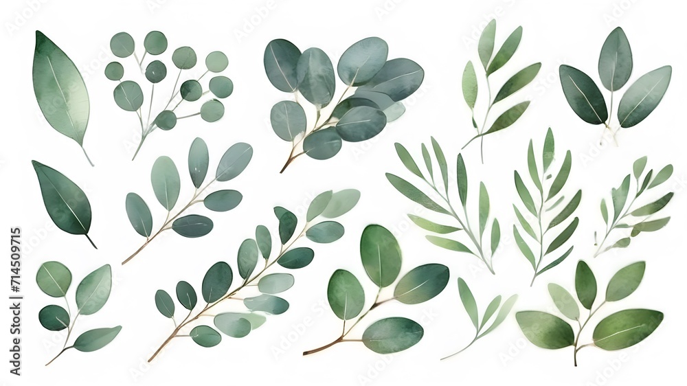 Naklejka premium set of olive tree branch , water-colour on white screen