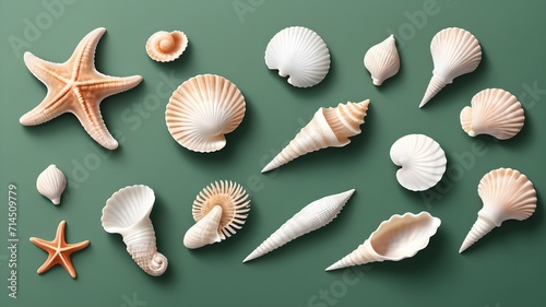 High angle, panoramic view of starfish and seashells isolated on green background