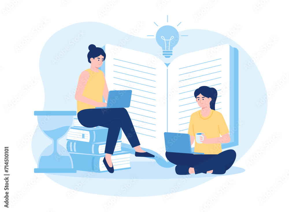 two women working on a laptop concept flat illustration two women working on a laptop concept flat illustration