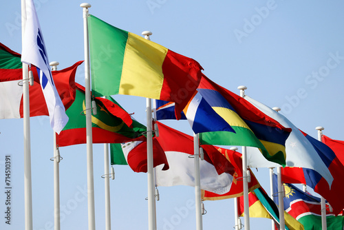 Group of flags of many different nations against blue sky