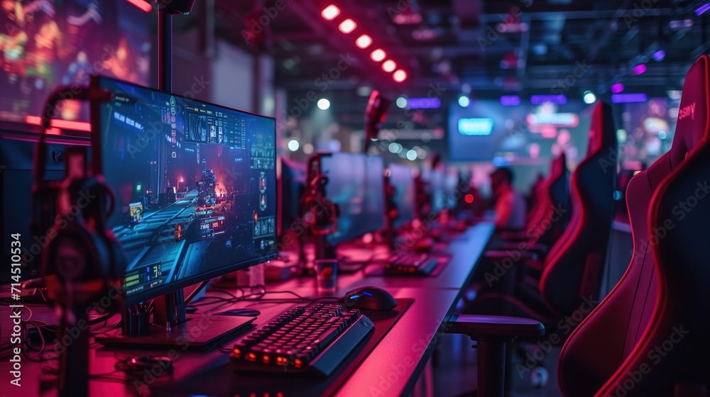 A row of high-tech gaming stations with neon lights in an esports gaming arena