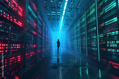 A person standing in a futuristic data center with illuminated digital racks, representing technology and information. photo