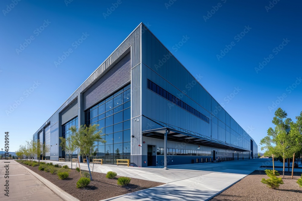 A modern industrial warehouse exterior with a wide angle view under a clear sky. A modern industrial warehouse exterior with a wide angle view under a clear sky.