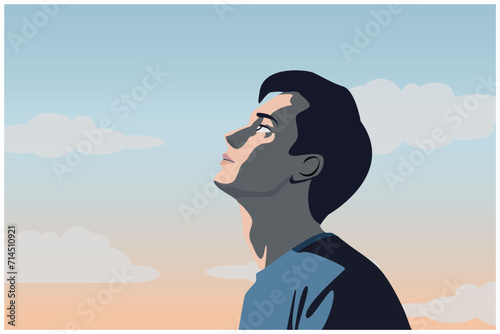 positive optimism concept, illustration of person looking at sky, summer sunset background, hope, believe, faith, relax -calm concept , minimal flat vector  art