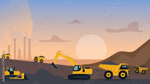 Quarry landscape. Quarry heavy vehicles. Mine production, stone quarrying process. Vector illustration.