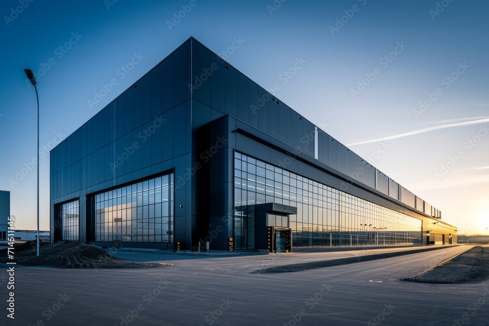 A modern industrial warehouse exterior with a wide angle view under a clear sky.