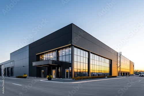 A modern industrial warehouse exterior with a wide angle view under a clear sky.