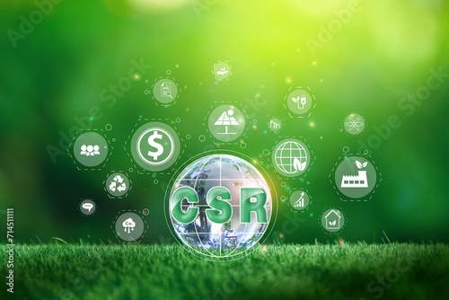 Crystal globe putting on moss with CSR icon, Corporate social responsibility. green nature background.