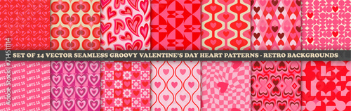 Big Collection of 1970s Groovy Hearts Seamless Patterns in Pink, Red Colors. Trendy Vector Valentine's Day endless Illustrations. Seventies Style, Groovy Love Backgrounds. Hippie Aesthetic