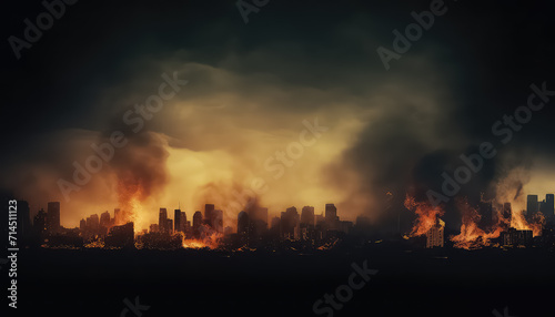 The city at night is engulfed in flames and fire and smoke are burning photo