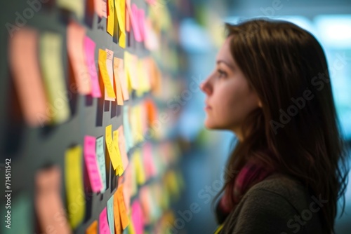 Photo a woman stand in the front of sticky notes board © talkative.studio