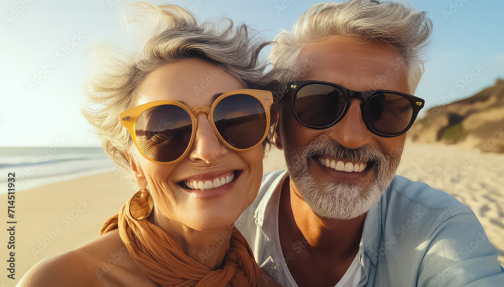 Senior couple in glasses on the beach taking selfie