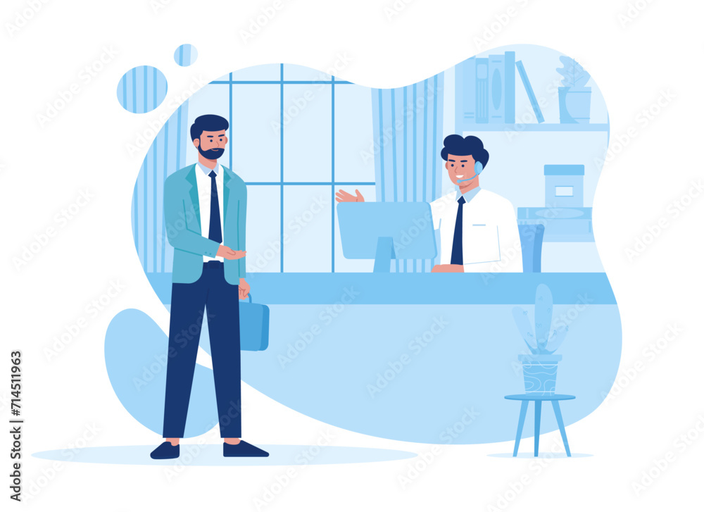 a man talking to a receptionist. desk, talking, laptop concept flat illustration a man talking to a receptionist. desk, talking, laptop concept flat illustration
