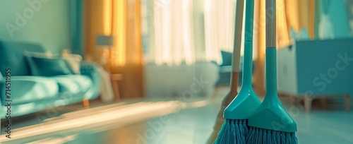 two cleaning brooms in a living room