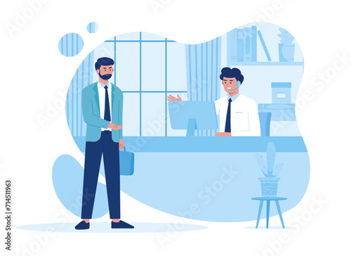 a man talking to a receptionist. desk, talking, laptop concept flat illustration