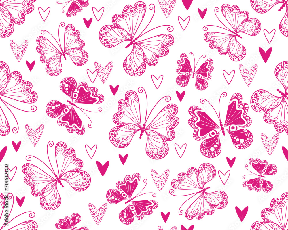 Vector seamless monochrome valentines pink pattern with pink hearts and dotty butterflies in doodle style on a transparent background