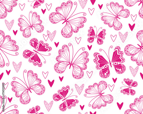 Vector seamless monochrome valentines pink pattern with pink hearts and dotty butterflies in doodle style on a transparent background © Olga Drozdova
