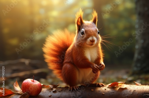 red squirrel holding an apple eating autumn leaves