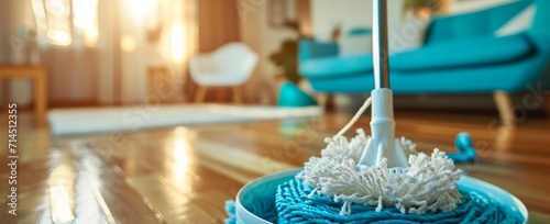 two mop and mopstick standing on wooden floor in living room