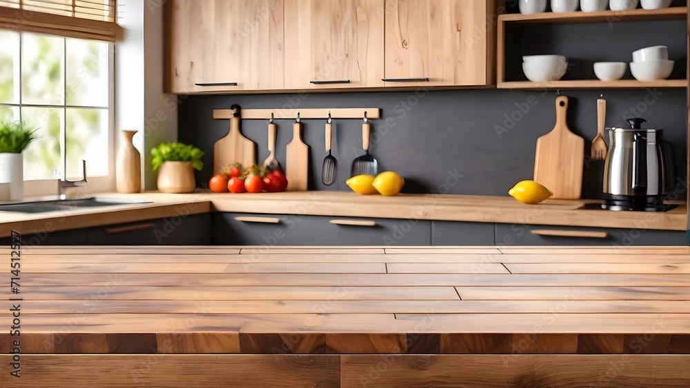 Wooden desk of blurred kitchen background. and free space for decoration.