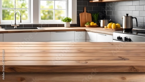 Wooden desk of blurred kitchen background. and free space for decoration.