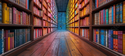 library with many colorful books in front of bookshelves photo