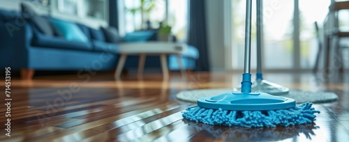 two mop and mopstick standing on wooden floor in living room