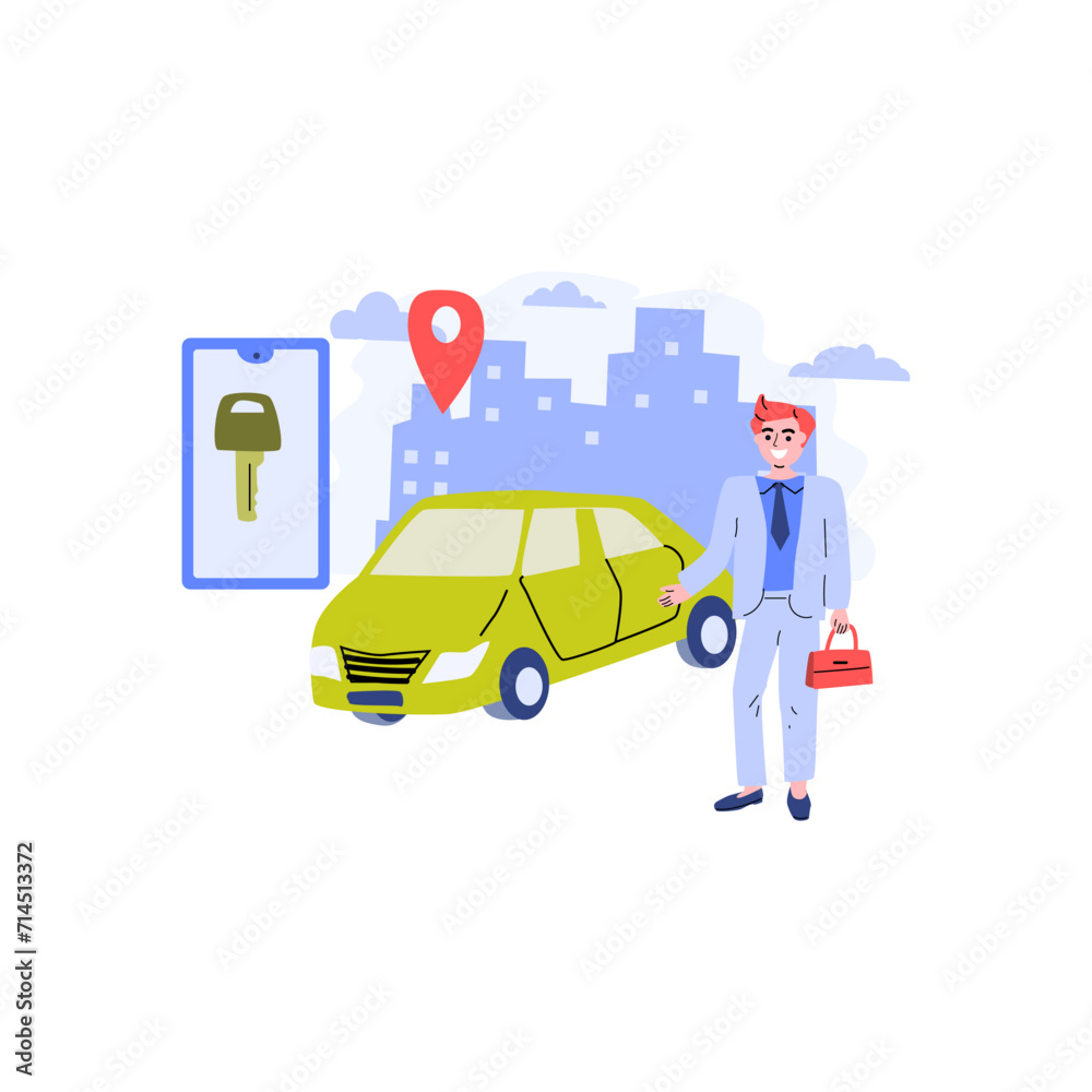 rent car sharing concept, transportation carsharing service . Vector illustration with modern cityscape background. man using mobile app ordering automobile vehicle with electronic key. rent car sharing concept, transportation carsharing service . Vector illustration with modern cityscape background. man using mobile app ordering automobile vehicle with electronic key.