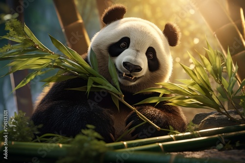 the panda grabs branches from the bamboo shoots