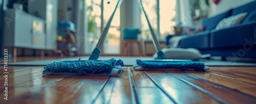 two pairs of mops on a wooden floor inside a living room photo