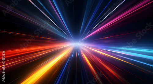 Colorful neon light lines running down on black background. Abstract neon light background, moving high speed, space scene, spotlight, dark night, futurism, light beams.