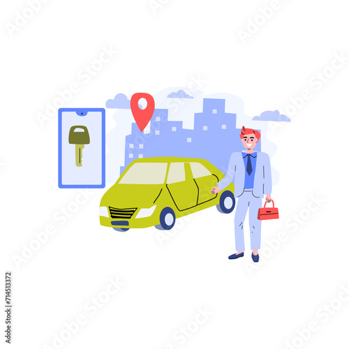 rent car sharing concept, transportation carsharing service . Vector illustration with modern cityscape background. man using mobile app ordering automobile vehicle with electronic key. 
