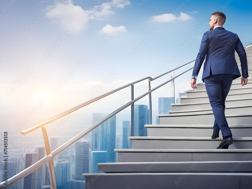 Ambitious businessman climbing the ladder to success, on career path, business competition concept.