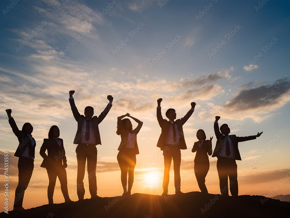 Silhouette of a businessman rejoicing and excited with success in finance and business accounting