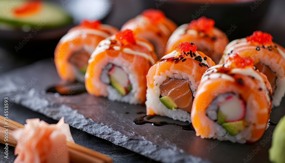 sushi and sushi rolls on a slate plate sushi and sushi rolls on a slate plate