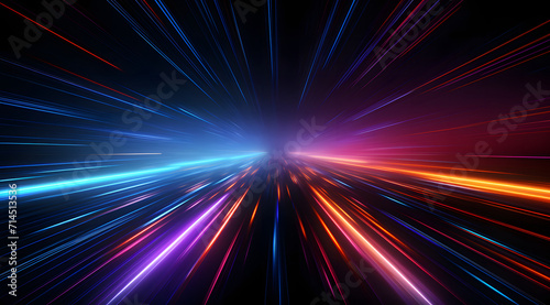 Colorful neon light lines running down on black background. Abstract neon light background, moving high speed, space scene, spotlight, dark night, futurism, light beams.