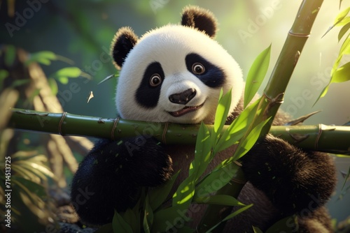 the panda grabs branches from the bamboo shoots