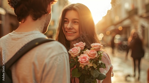 A young guy gives his girlfriend flowers