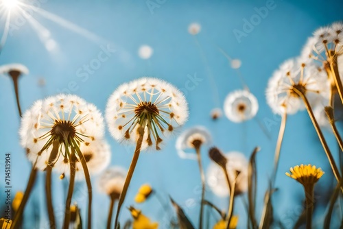 a dreamy and whimsical scene with a low-angle shot of dandelions in a field