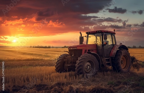 tractor in a field at sunset