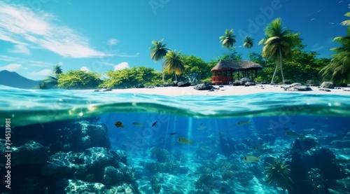island scene underwater with tropical reef tropical underwater