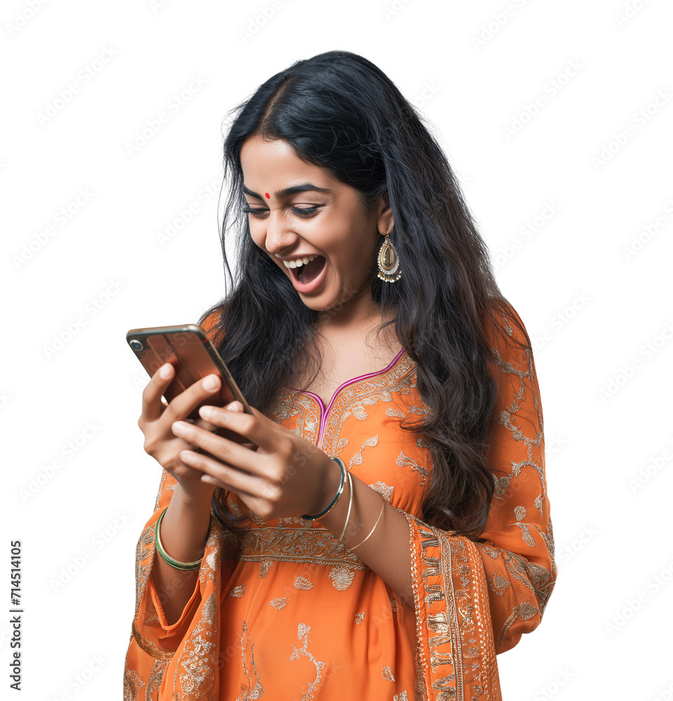 Adult indian woman looking at a phone while smiling with open mouth