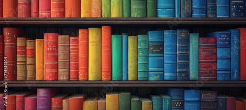 library with many colorful books in front of bookshelves