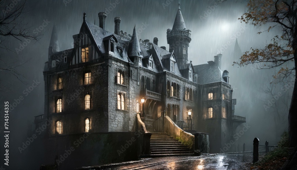 Gloomy Enigma: Hyper-Detailed Rendering of a Scary Colonial Castle in the Rain