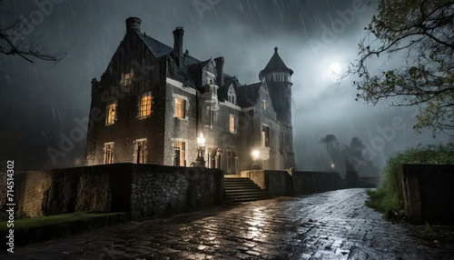 Epic Haunt: Hyper-Detailed Exploration of a Rain-Soaked, Creepy Castle"